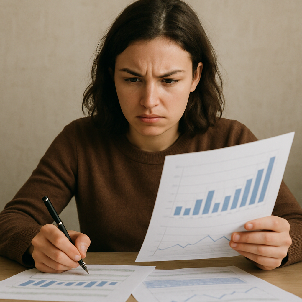 A person looking at financial documents with a determined expression