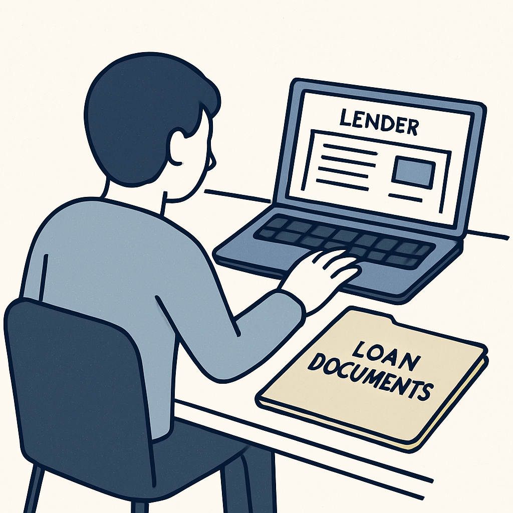A simple, clean graphic of a person sitting at a desk with a folder labeled 'Loan Documents' and a laptop open to a generic lender website, symbolizing preparation