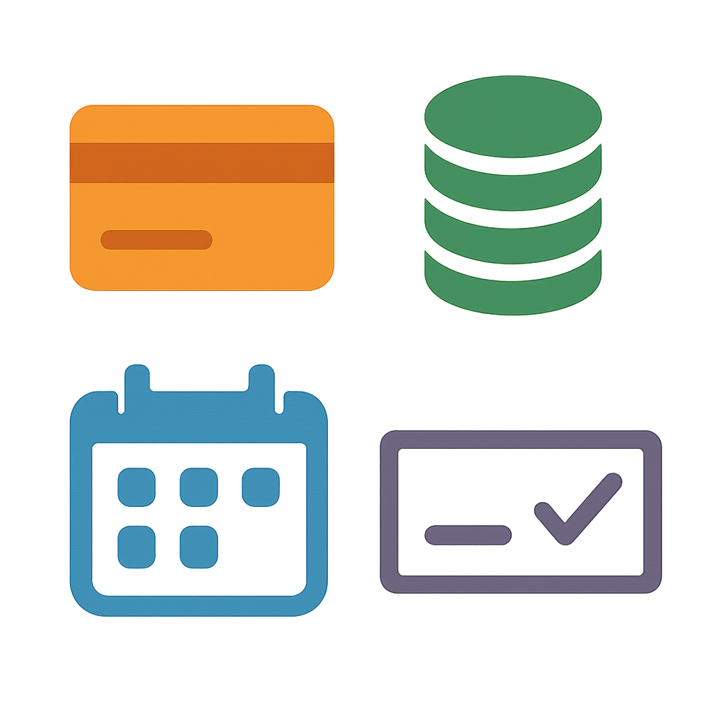 A simple graphic of four different colored icons representing different payment methods: a card, a stack of coins, a calendar, and a check.