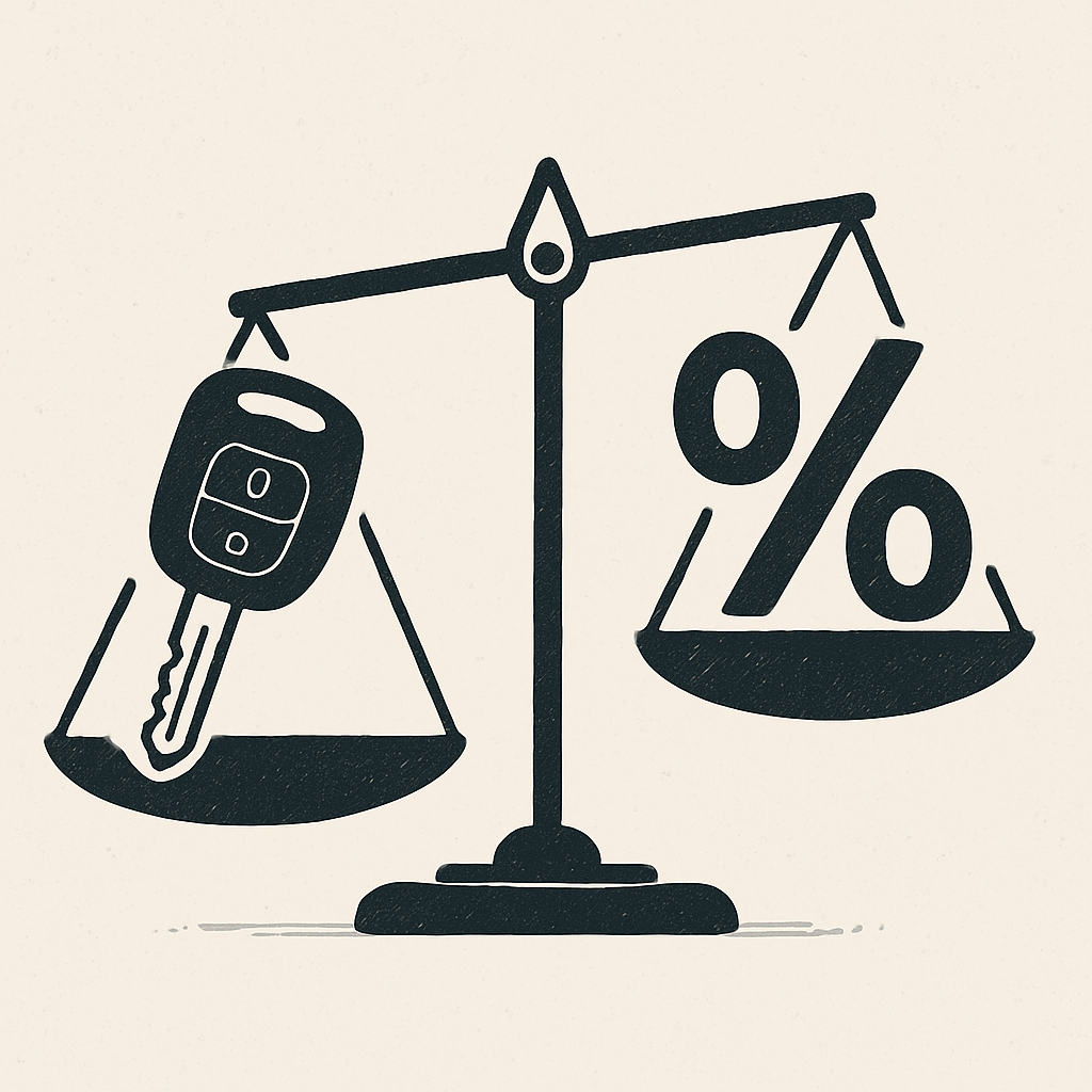 A simple visual of a scale balancing a car key (collateral) on one side and a higher percentage sign (interest) on the other.