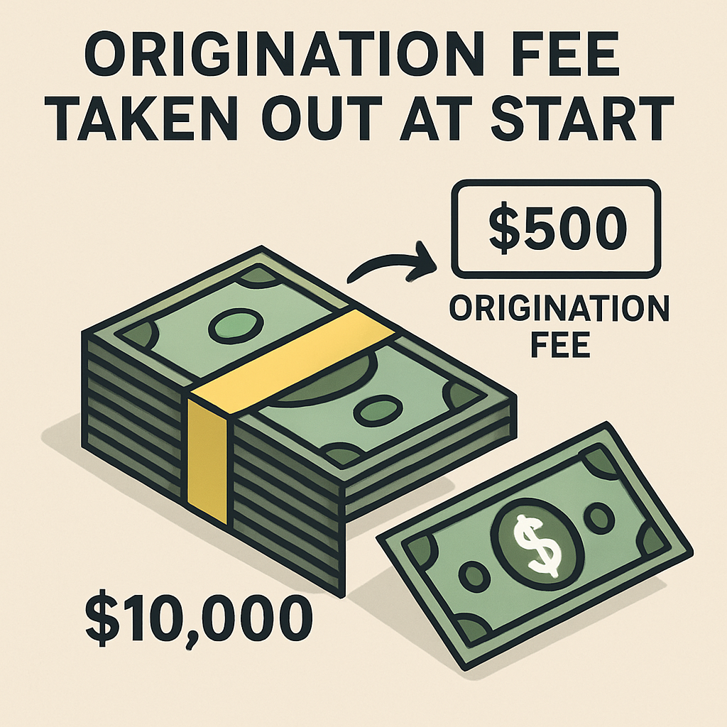 A simple infographic showing a $10,000 stack of cash with a $500 slice (origination fee) being taken out at the start.