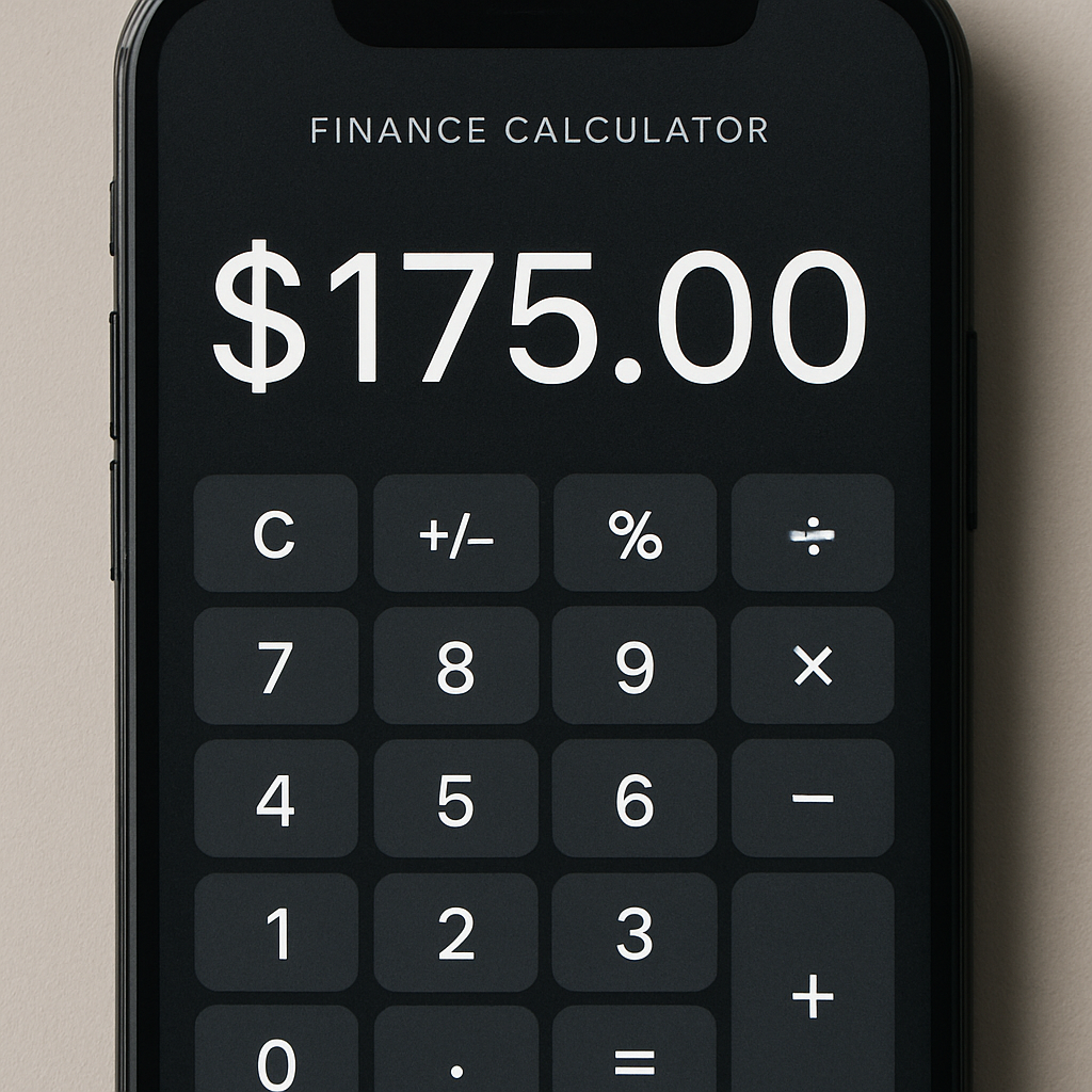 A close-up of a digital smartphone screen showing a simple finance calculator app with the number $175.00 displayed.