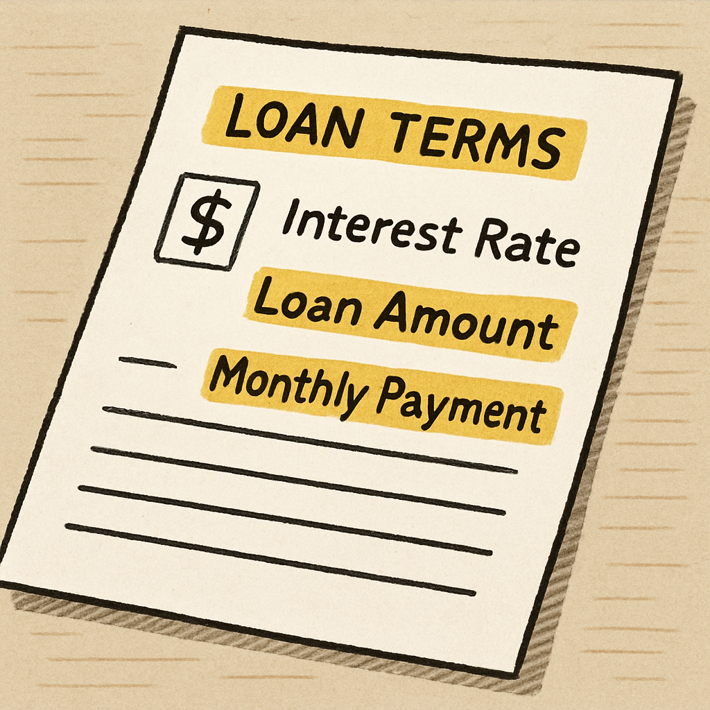 Illustration of a financial document with loan terms highlighted