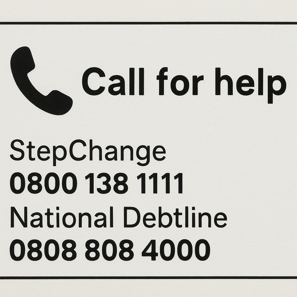 A simple contact card with phone numbers for 'StepChange' and 'National Debtline' next to a 'Call for help' icon.