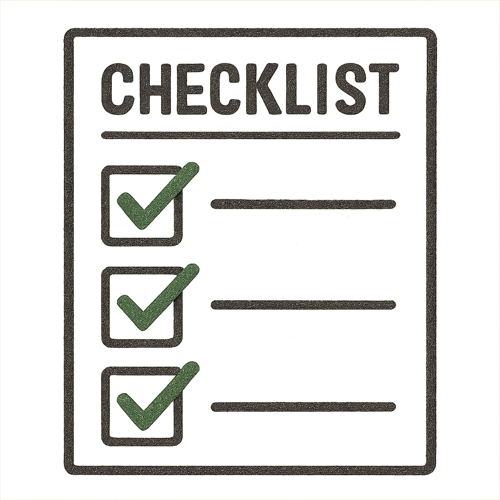 A 'Checklist' graphic with three main boxes checked, symbolizing completion and readiness.