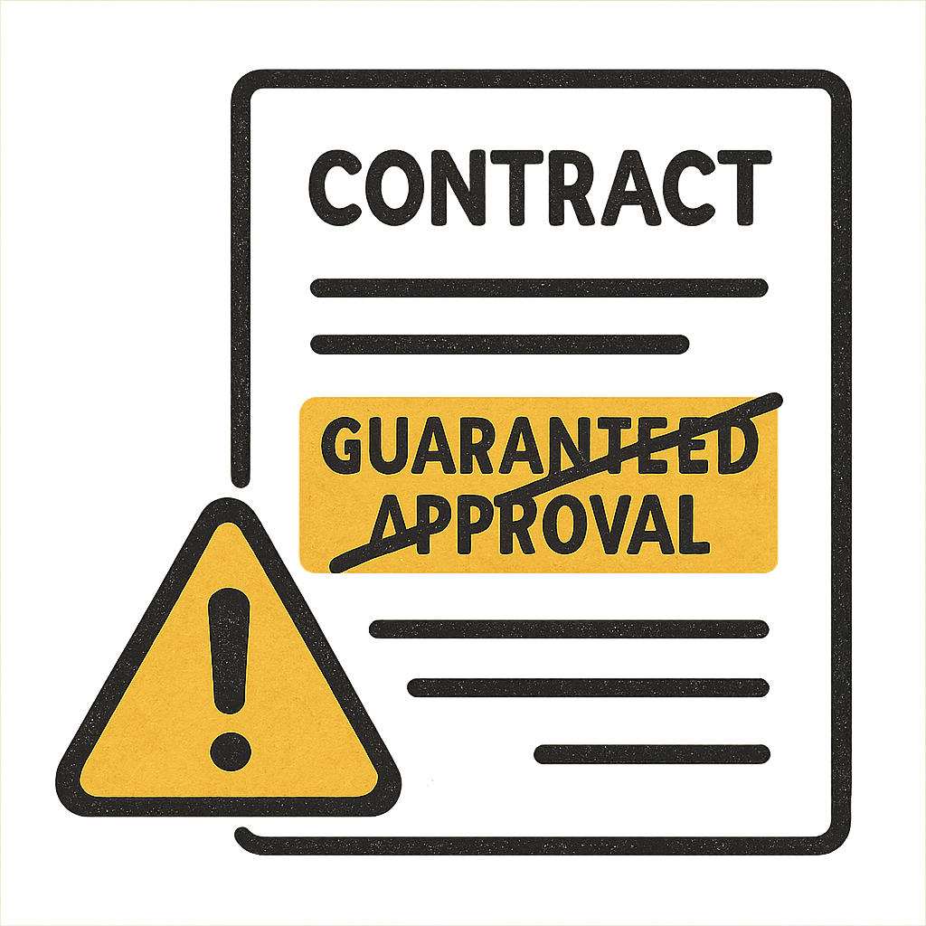 Image: A 'Warning Sign' icon next to a contract with 'Guaranteed Approval' highlighted and crossed out.