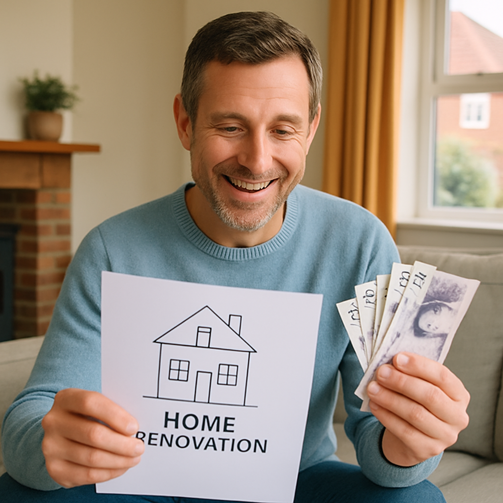 A clean, inviting photo of a UK homeowner looking at a home renovation plan, suggesting positive financial progress.