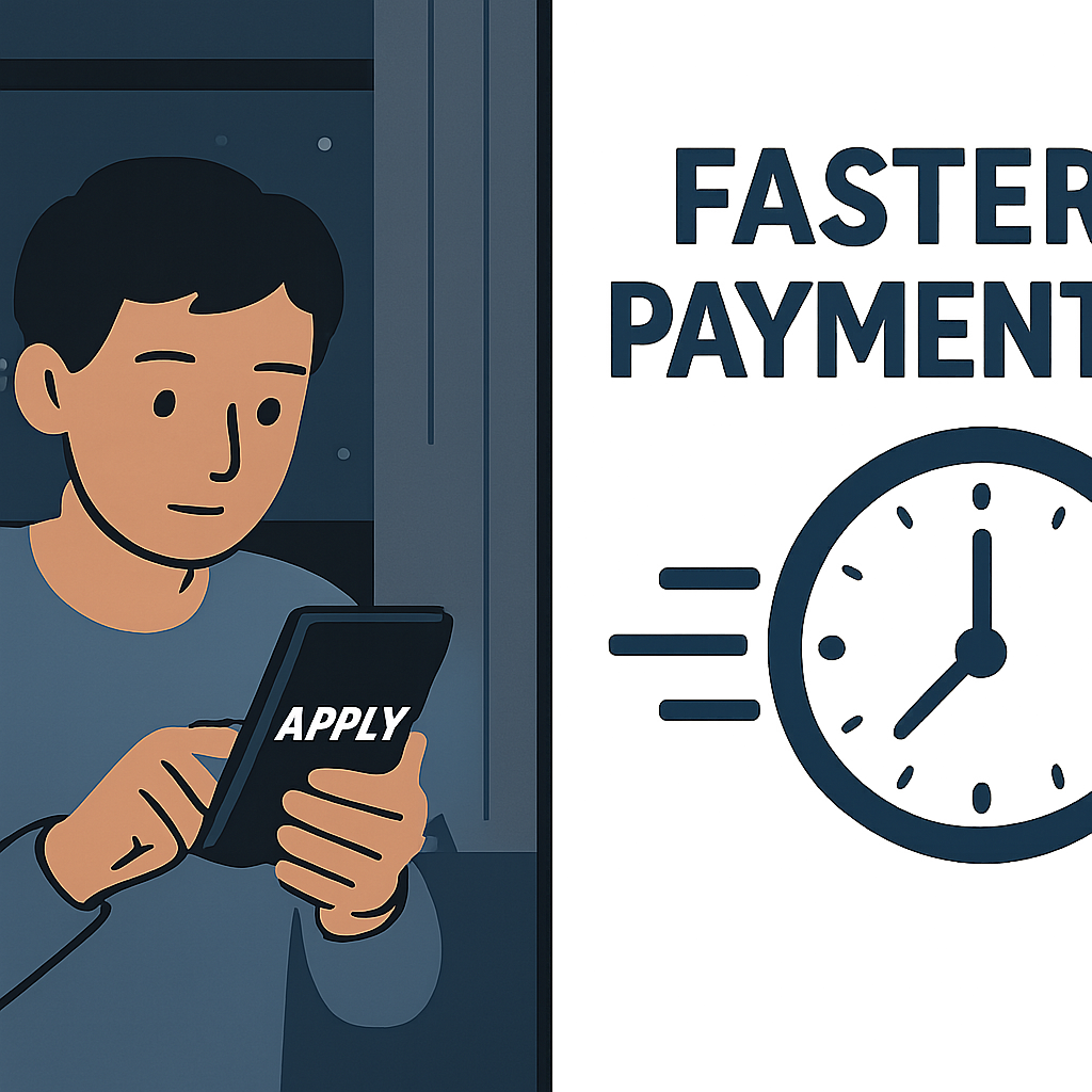 A split-screen graphic showing a smartphone user applying at night on one side and a 'Faster Payments' logo with a clock on the other.