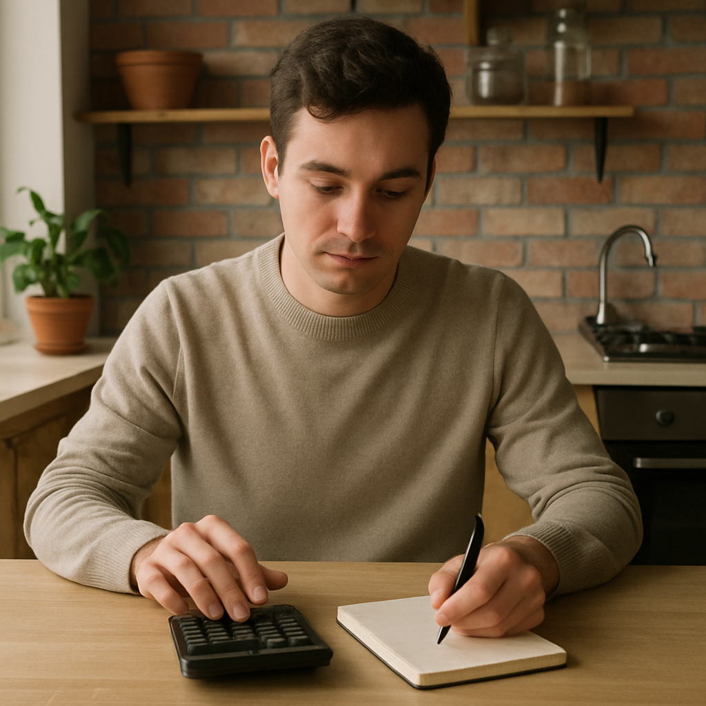 A person sitting at a kitchen table with a calculator and a small notebook, looking focused and calm.