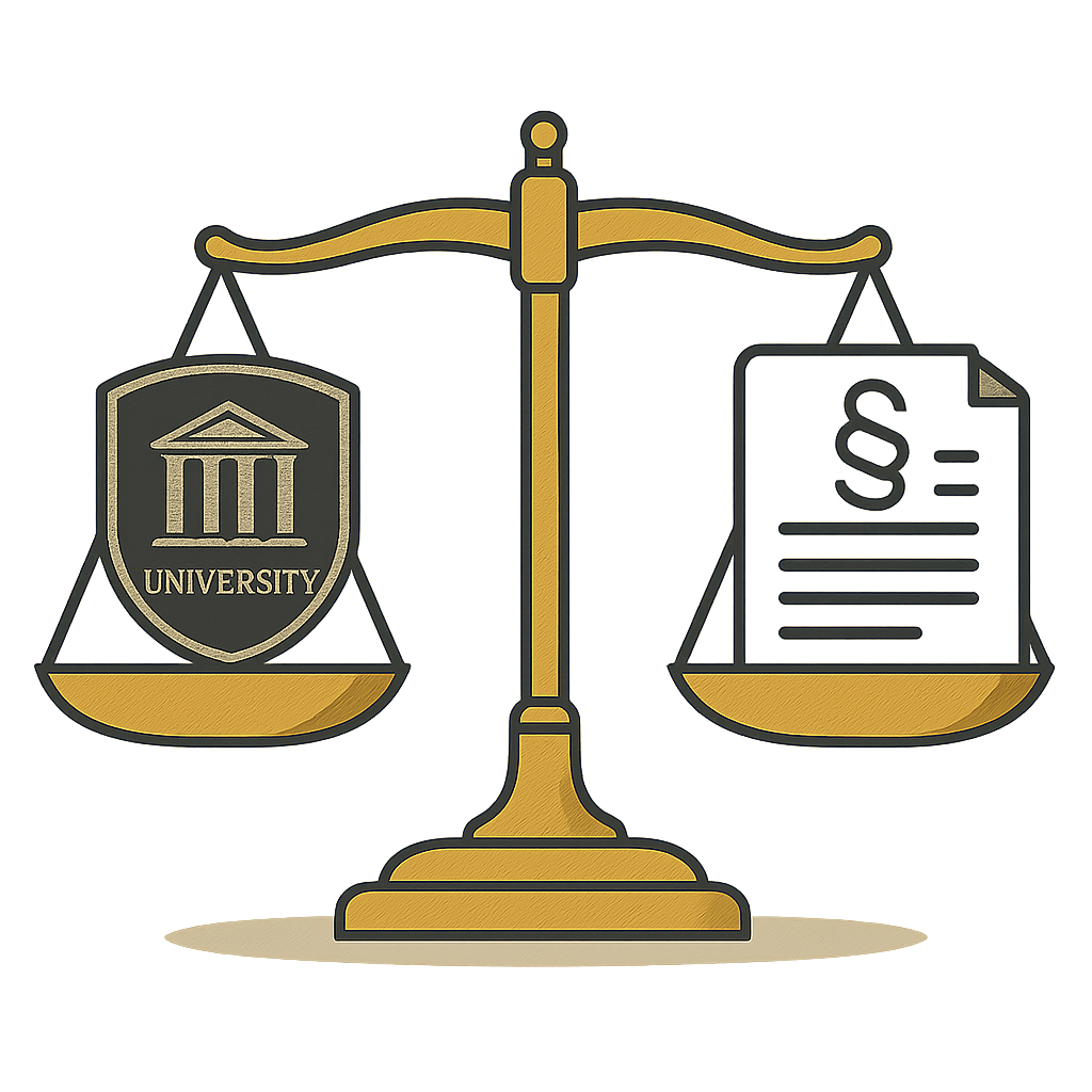 A symbolic image of a pair of scales balanced between a university logo and a legal document.