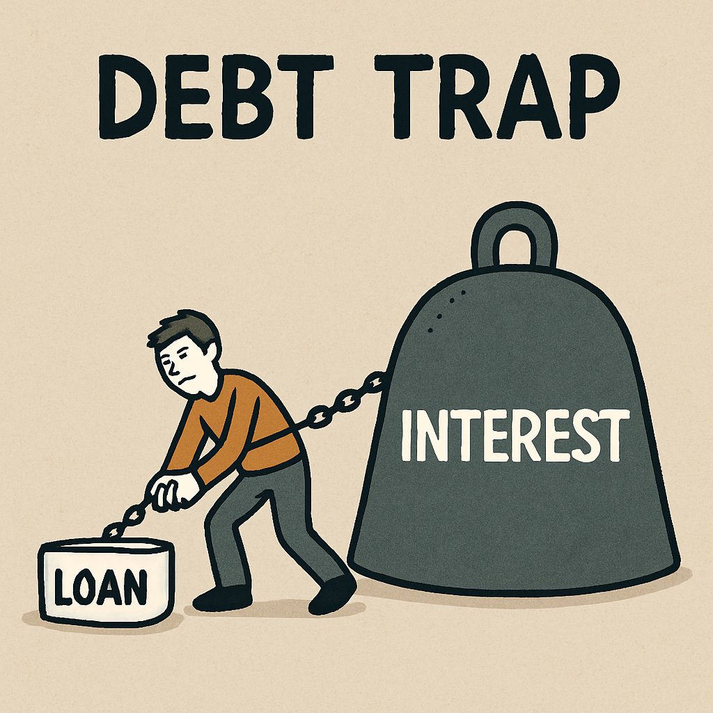 A simple illustration of a 'Debt Trap' showing a small loan leading to a much larger, heavy weight representing interest.