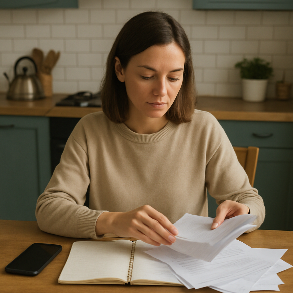 A person sitting at a kitchen table with a notepad and phone, looking focused and calm while organizing papers.