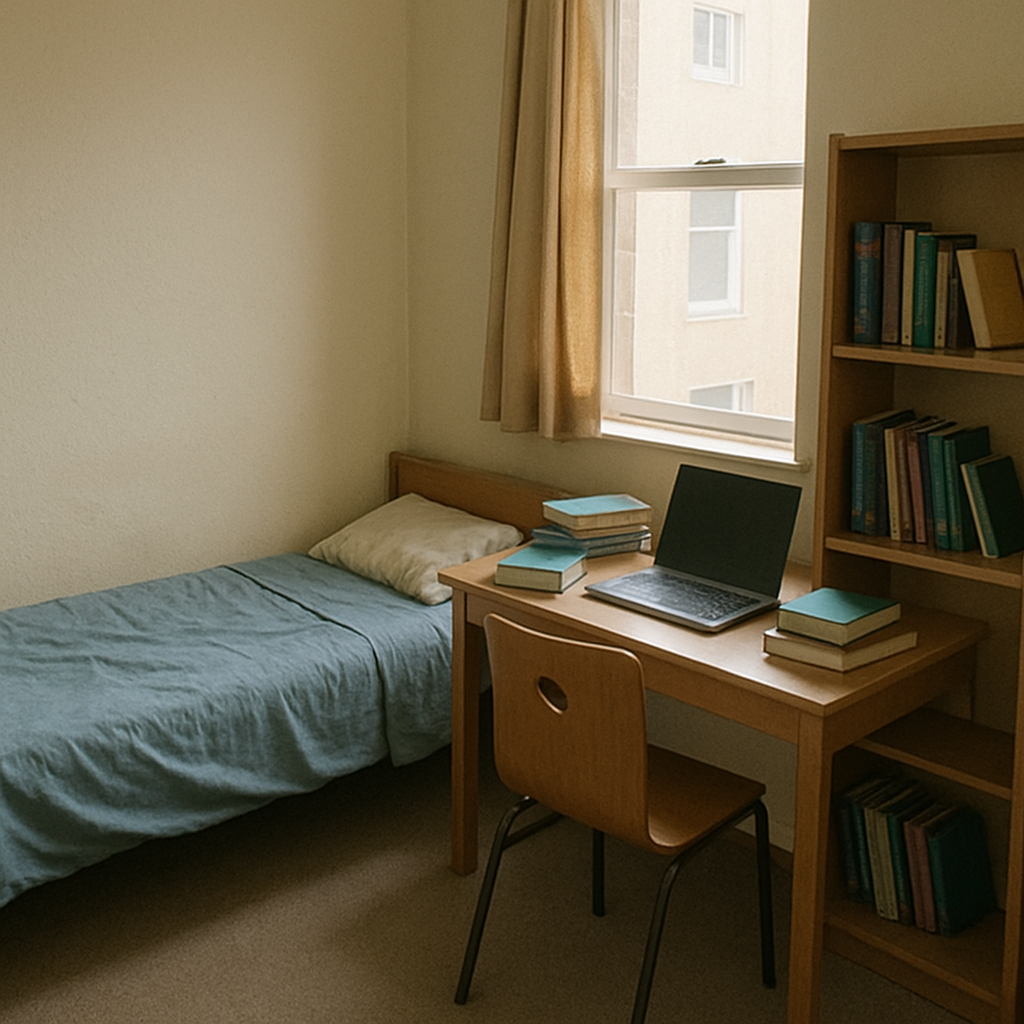 A simple interior shot of a modest student room with textbooks and a laptop.