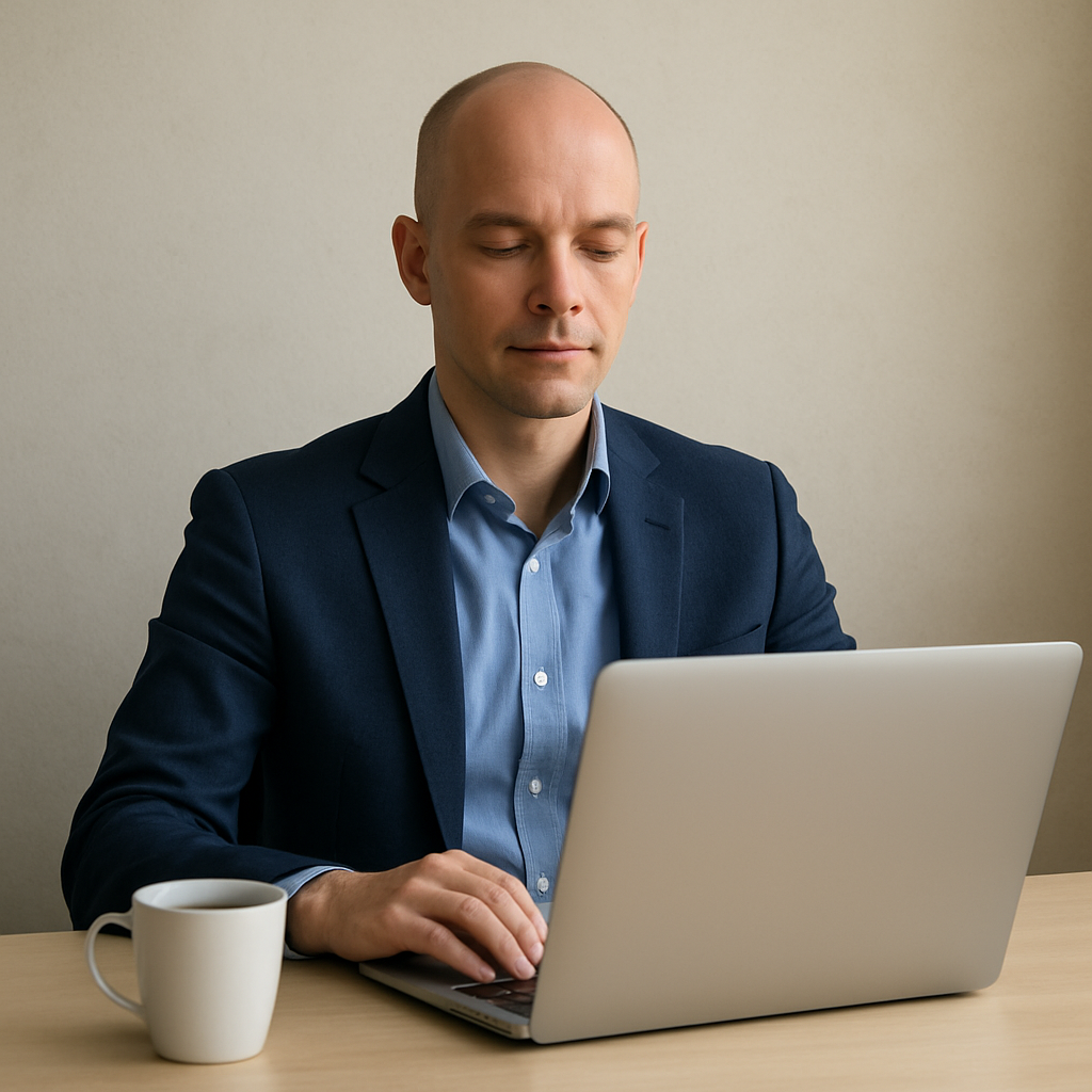 A photograph of a calm business owner sitting at a clean desk with a single cup of coffee, looking at a laptop, representing clarity and taking control.