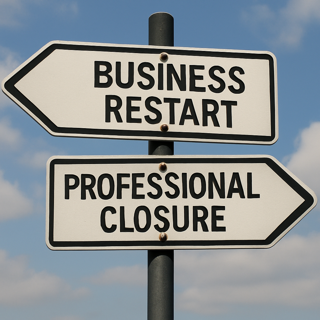 A signpost with two directions: 'Business Restart' (pointing left) and 'Professional Closure' (pointing right).