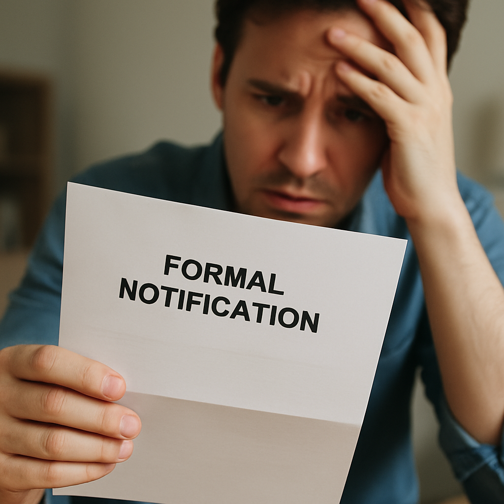 A close-up of a student's hands holding a formal notification letter with a stressed expression in the background.