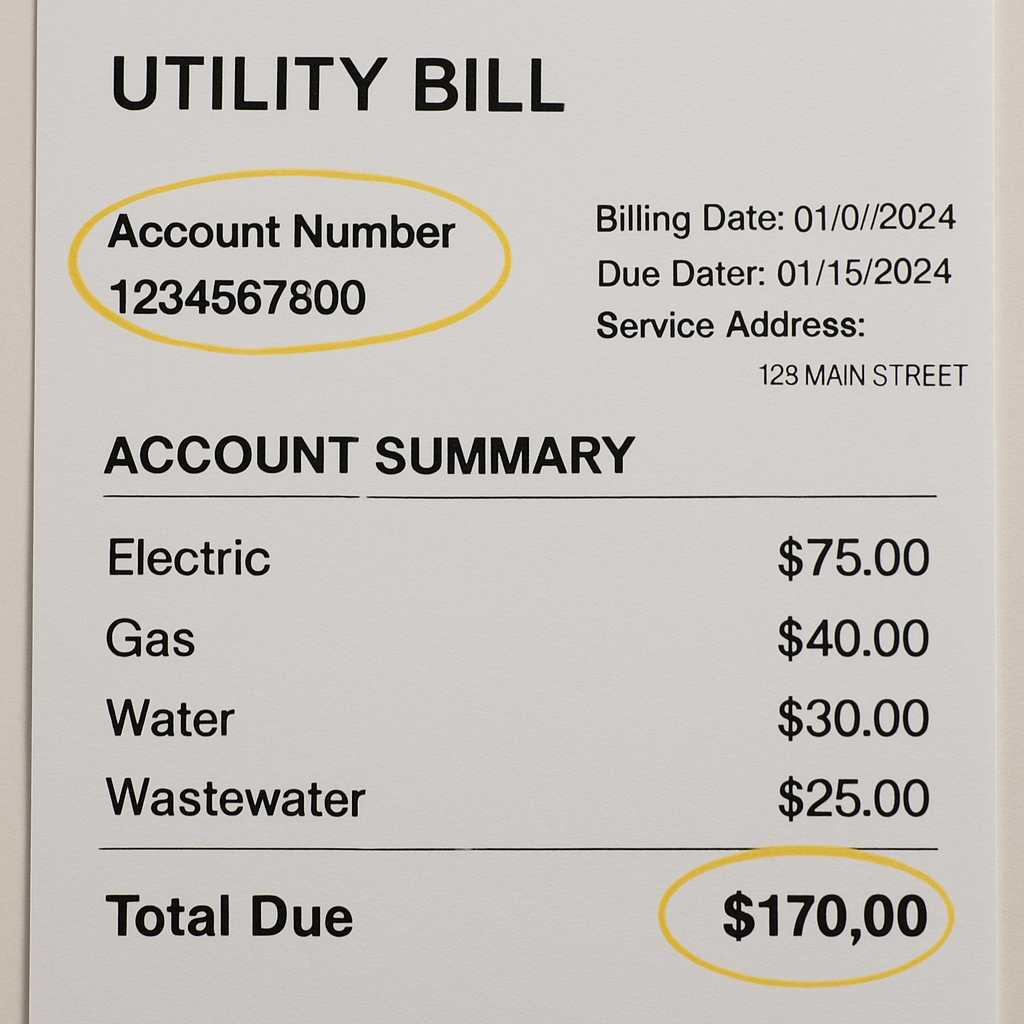 A clear, simple photograph of a standard utility bill with the 'Account Number' and 'Total Due' highlighted with a yellow circle.