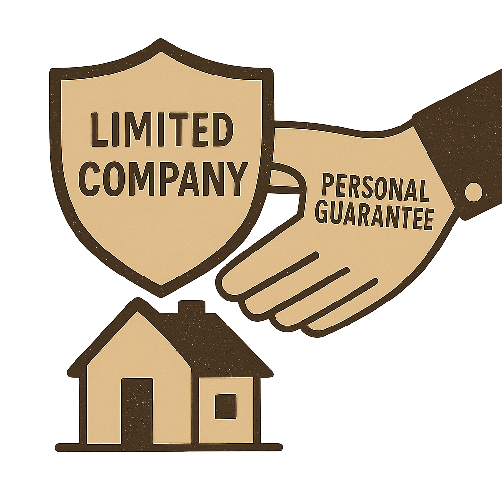 A simple graphic of a shield (labeled 'Limited Company') protecting a small house, with a hand (labeled 'Personal Guarantee') reaching around the shield.